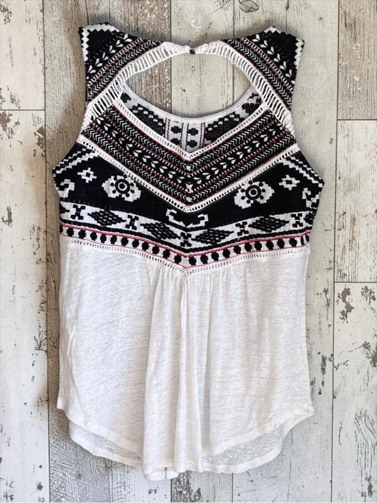 Lucky Brand Aztec Tank Top Medium Boho Embroidered Tribal Linen Blend Sleeveless - Picture 4 of 10